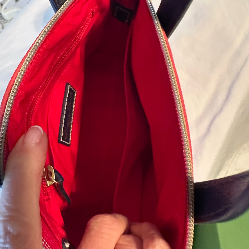 Dooney & Bourke Red DB Logo Small Satchel Navy Trim Gold Hardware - Picture 6 of 7